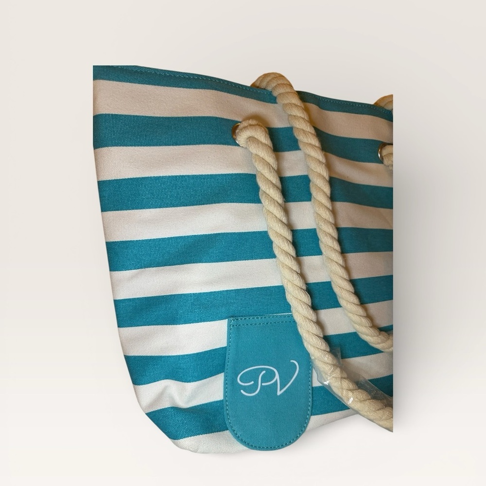 🚨SOLD🚨 Vino turquoise and Cream Striped Canvas Tote Beach Bag - Picture 4 of 8